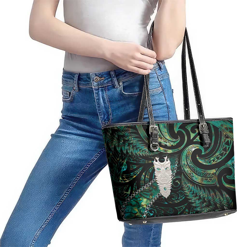 New Zealand Aotearoa Leather Tote Bag Maori Tane Te Waiora Paua Shell Glitter Green LT05 - Polynesian Pride
