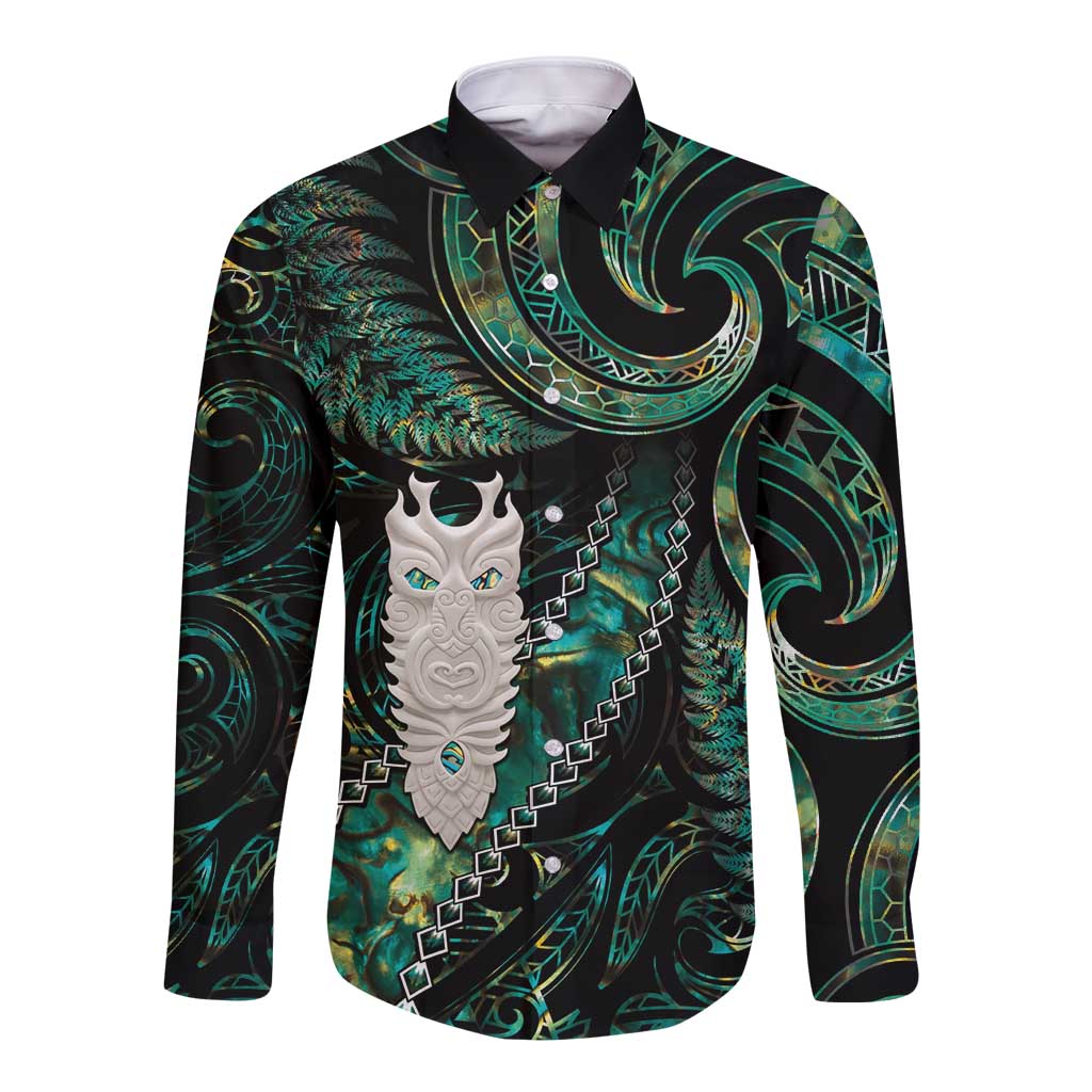 New Zealand Aotearoa Long Sleeve Button Shirt Maori Tane Te Waiora Paua Shell Glitter Green LT05 Unisex Green - Polynesian Pride