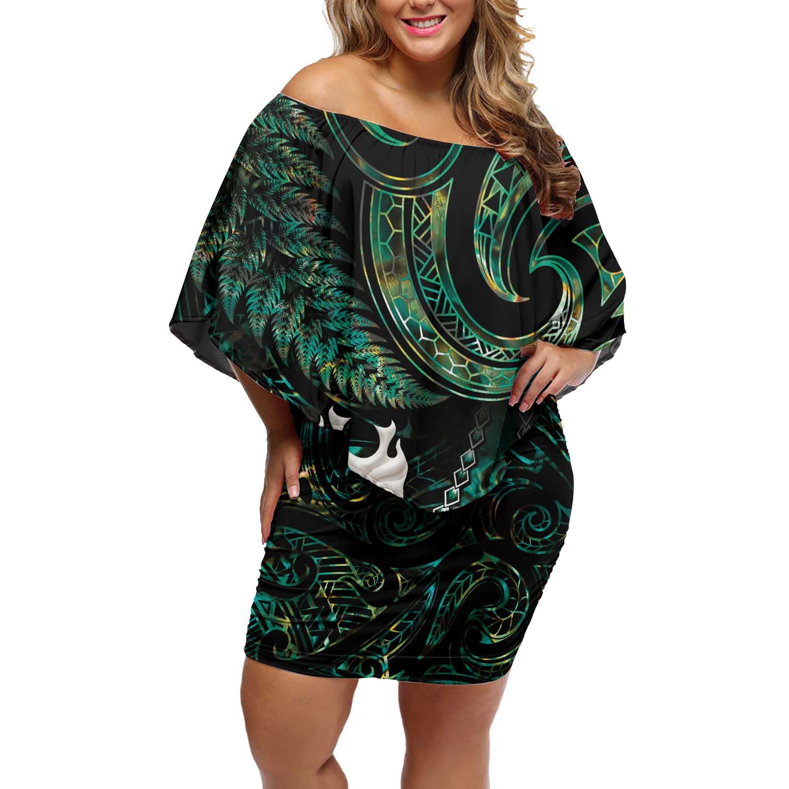 New Zealand Aotearoa Off Shoulder Short Dress Maori Tane Te Waiora Paua Shell Glitter Green