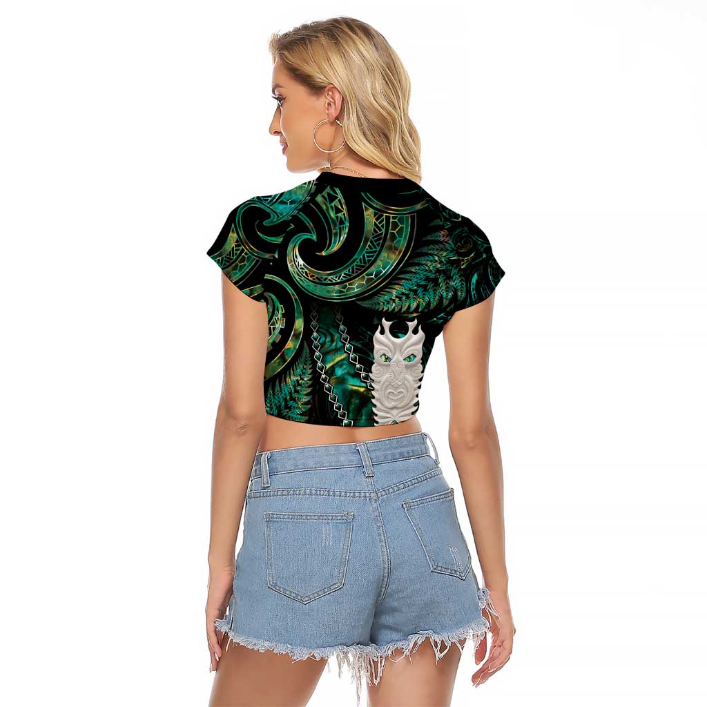New Zealand Aotearoa Raglan Cropped T Shirt Maori Tane Te Waiora Paua Shell Glitter Green LT05 - Polynesian Pride