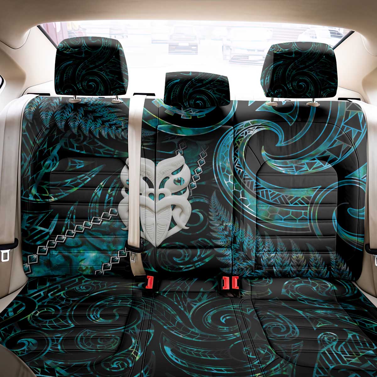 New Zealand Aotearoa Back Car Seat Cover Maori Wheku Paua Shell Glitter Turquoise
