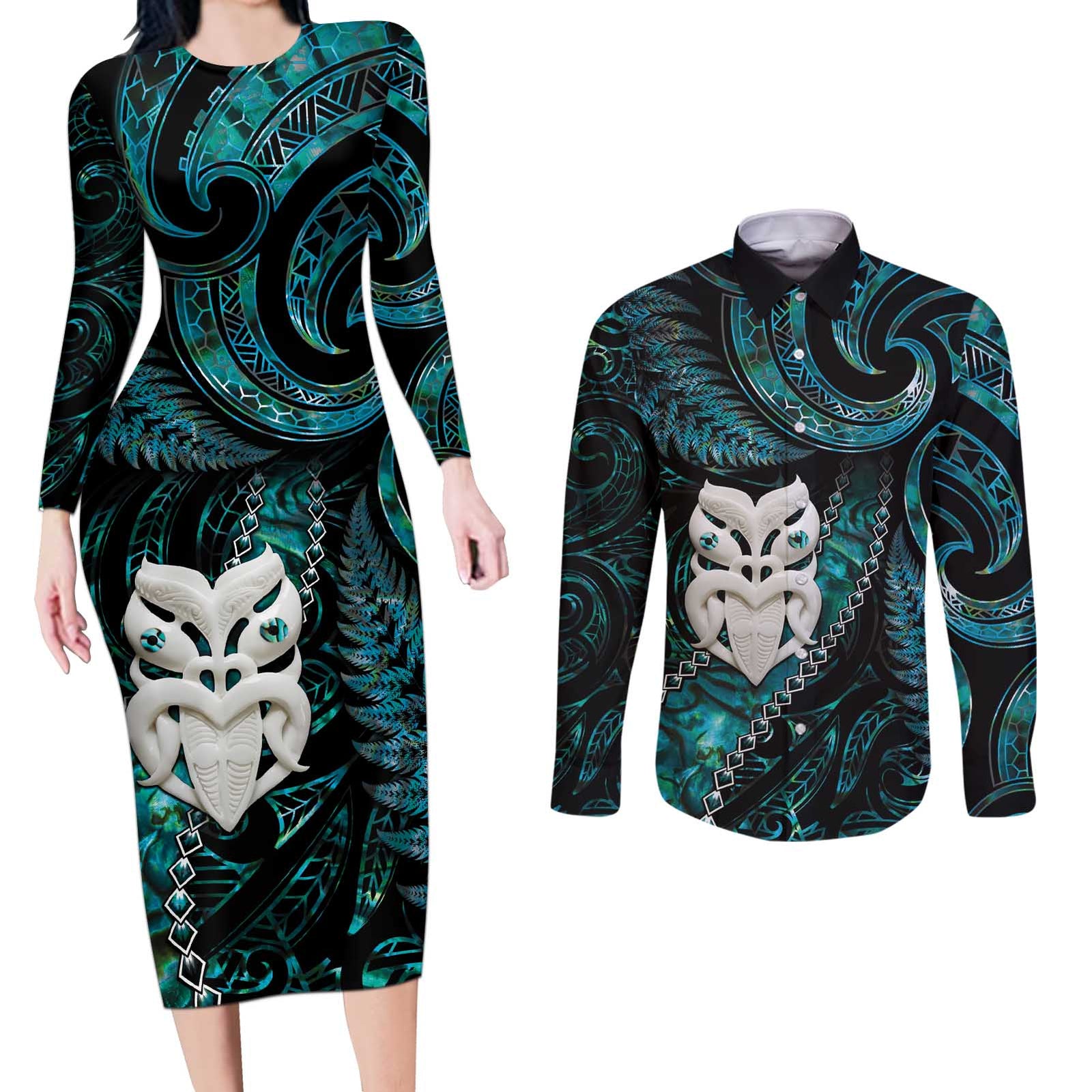New Zealand Aotearoa Couples Matching Long Sleeve Bodycon Dress and Long Sleeve Button Shirt Maori Wheku Paua Shell Glitter Turquoise LT05 Turquoise - Polynesian Pride