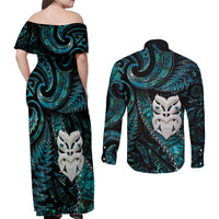 New Zealand Aotearoa Couples Matching Off Shoulder Maxi Dress and Long Sleeve Button Shirt Maori Wheku Paua Shell Glitter Turquoise LT05 - Polynesian Pride