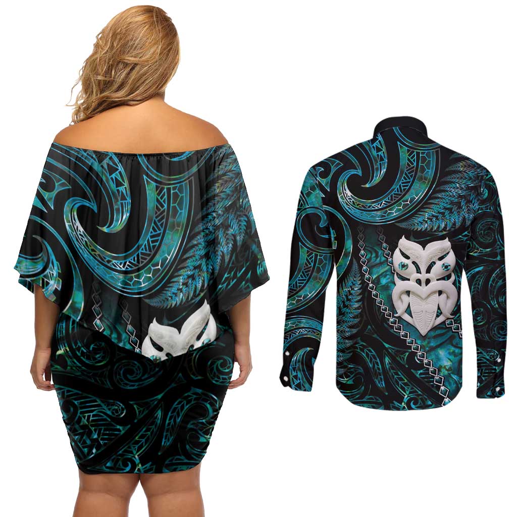 New Zealand Aotearoa Couples Matching Off Shoulder Short Dress and Long Sleeve Button Shirt Maori Wheku Paua Shell Glitter Turquoise LT05 - Polynesian Pride