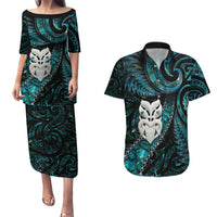 New Zealand Aotearoa Couples Matching Puletasi and Hawaiian Shirt Maori Wheku Paua Shell Glitter Turquoise LT05 Turquoise - Polynesian Pride