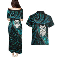 New Zealand Aotearoa Couples Matching Puletasi and Hawaiian Shirt Maori Wheku Paua Shell Glitter Turquoise LT05 - Polynesian Pride