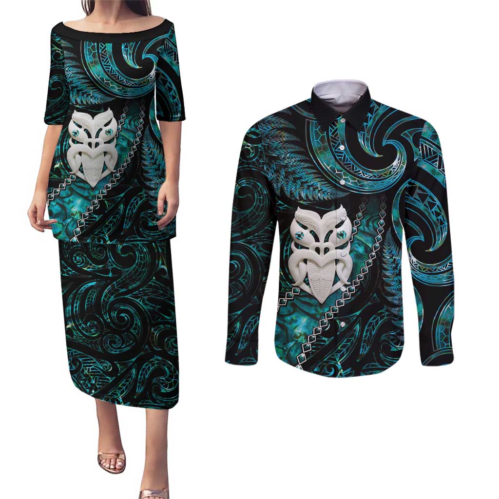 New Zealand Aotearoa Couples Matching Puletasi and Long Sleeve Button Shirt Maori Wheku Paua Shell Glitter Turquoise LT05 Turquoise - Polynesian Pride