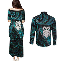 New Zealand Aotearoa Couples Matching Puletasi and Long Sleeve Button Shirt Maori Wheku Paua Shell Glitter Turquoise LT05 - Polynesian Pride