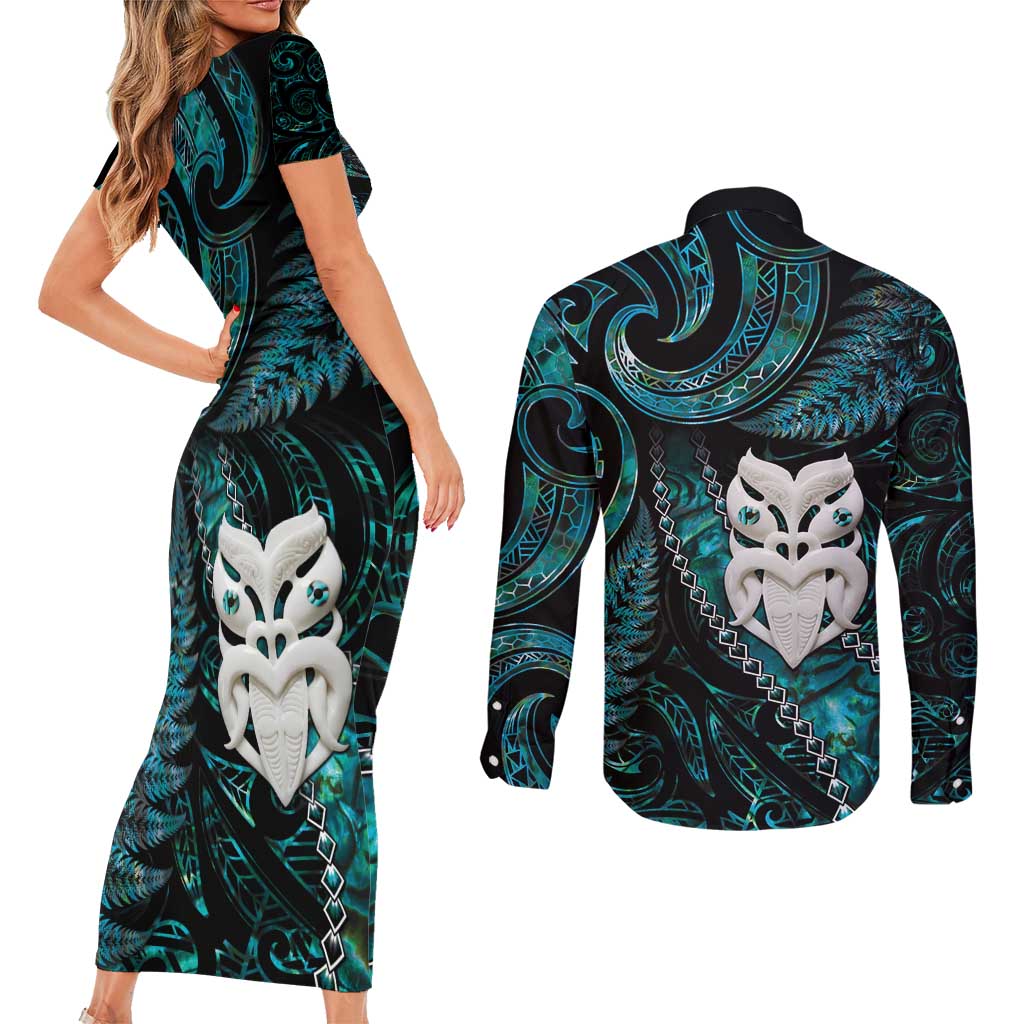 New Zealand Aotearoa Couples Matching Short Sleeve Bodycon Dress and Long Sleeve Button Shirt Maori Wheku Paua Shell Glitter Turquoise