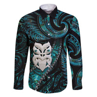 New Zealand Aotearoa Family Matching Mermaid Dress and Hawaiian Shirt Maori Wheku Paua Shell Glitter Turquoise LT05 Dad's Shirt - Long Sleeve Turquoise - Polynesian Pride