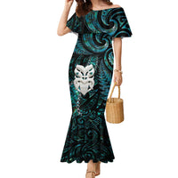 New Zealand Aotearoa Family Matching Mermaid Dress and Hawaiian Shirt Maori Wheku Paua Shell Glitter Turquoise LT05 Mom's Dress Turquoise - Polynesian Pride