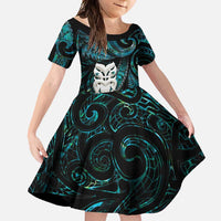 New Zealand Aotearoa Family Matching Off Shoulder Maxi Dress and Hawaiian Shirt Maori Wheku Paua Shell Glitter Turquoise LT05 Daughter's Dress Turquoise - Polynesian Pride