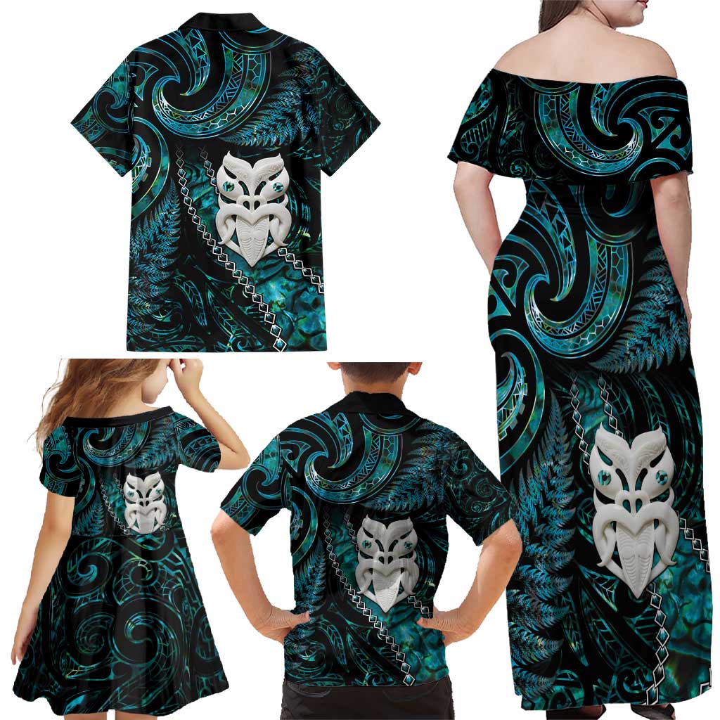 New Zealand Aotearoa Family Matching Off Shoulder Maxi Dress and Hawaiian Shirt Maori Wheku Paua Shell Glitter Turquoise LT05 - Polynesian Pride
