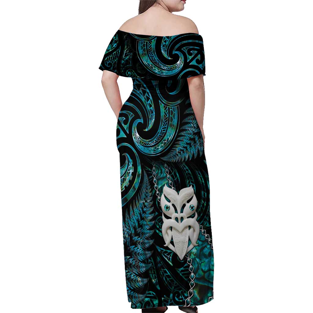 New Zealand Aotearoa Family Matching Off Shoulder Maxi Dress and Hawaiian Shirt Maori Wheku Paua Shell Glitter Turquoise LT05 - Polynesian Pride