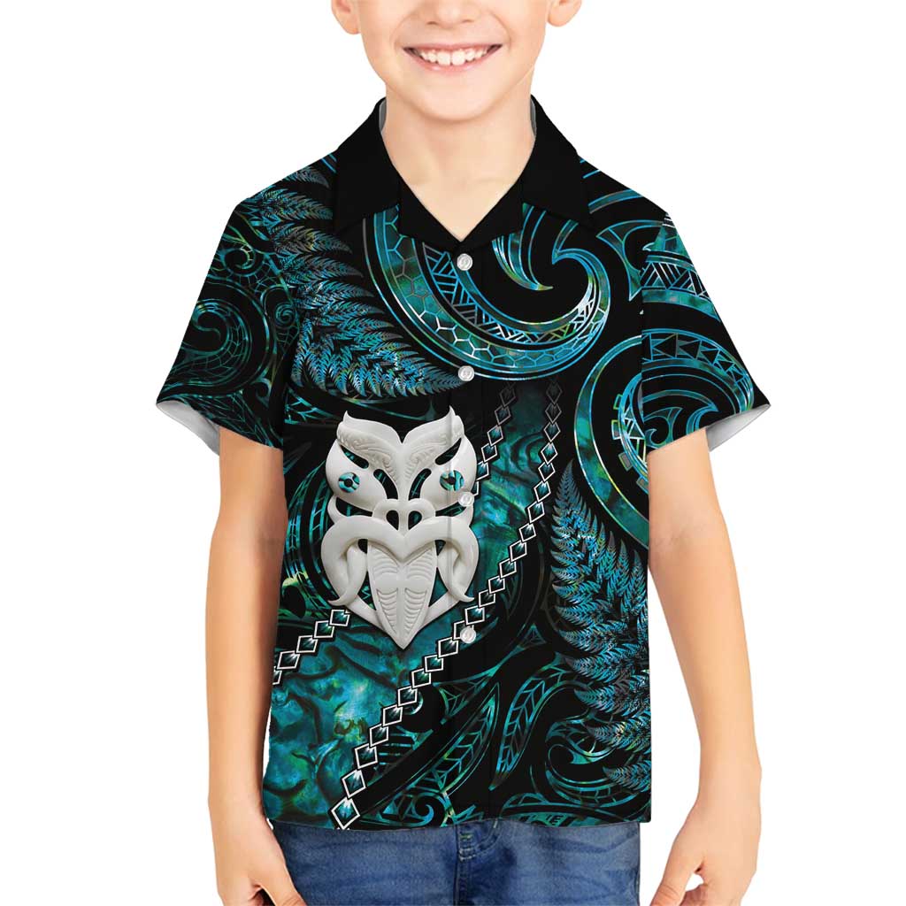 New Zealand Aotearoa Family Matching Off Shoulder Maxi Dress and Hawaiian Shirt Maori Wheku Paua Shell Glitter Turquoise LT05 Son's Shirt Turquoise - Polynesian Pride