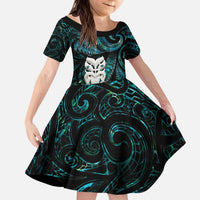 New Zealand Aotearoa Family Matching Puletasi and Hawaiian Shirt Maori Wheku Paua Shell Glitter Turquoise LT05 Daughter's Dress Turquoise - Polynesian Pride