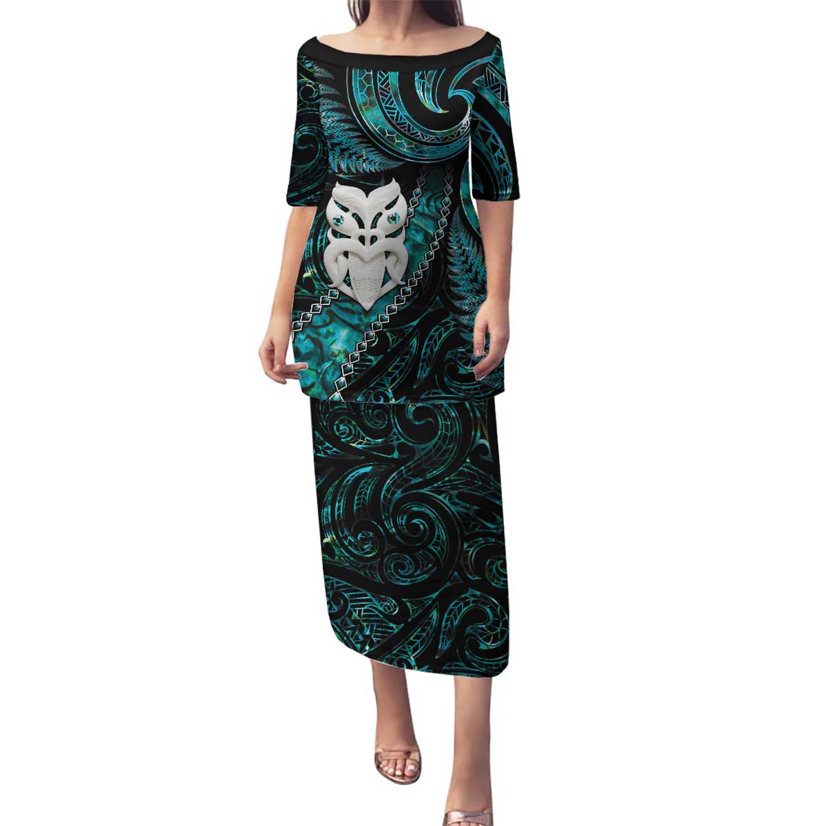 New Zealand Aotearoa Family Matching Puletasi and Hawaiian Shirt Maori Wheku Paua Shell Glitter Turquoise LT05 Mom's Dress Turquoise - Polynesian Pride