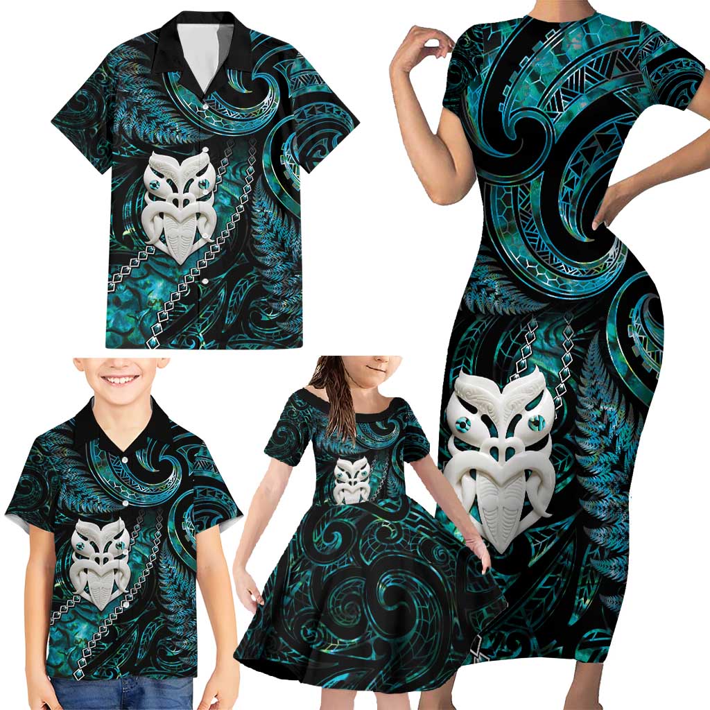 New Zealand Aotearoa Family Matching Short Sleeve Bodycon Dress and Hawaiian Shirt Maori Wheku Paua Shell Glitter Turquoise LT05 - Polynesian Pride