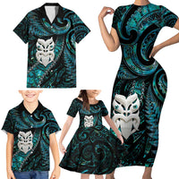 New Zealand Aotearoa Family Matching Short Sleeve Bodycon Dress and Hawaiian Shirt Maori Wheku Paua Shell Glitter Turquoise LT05 - Polynesian Pride
