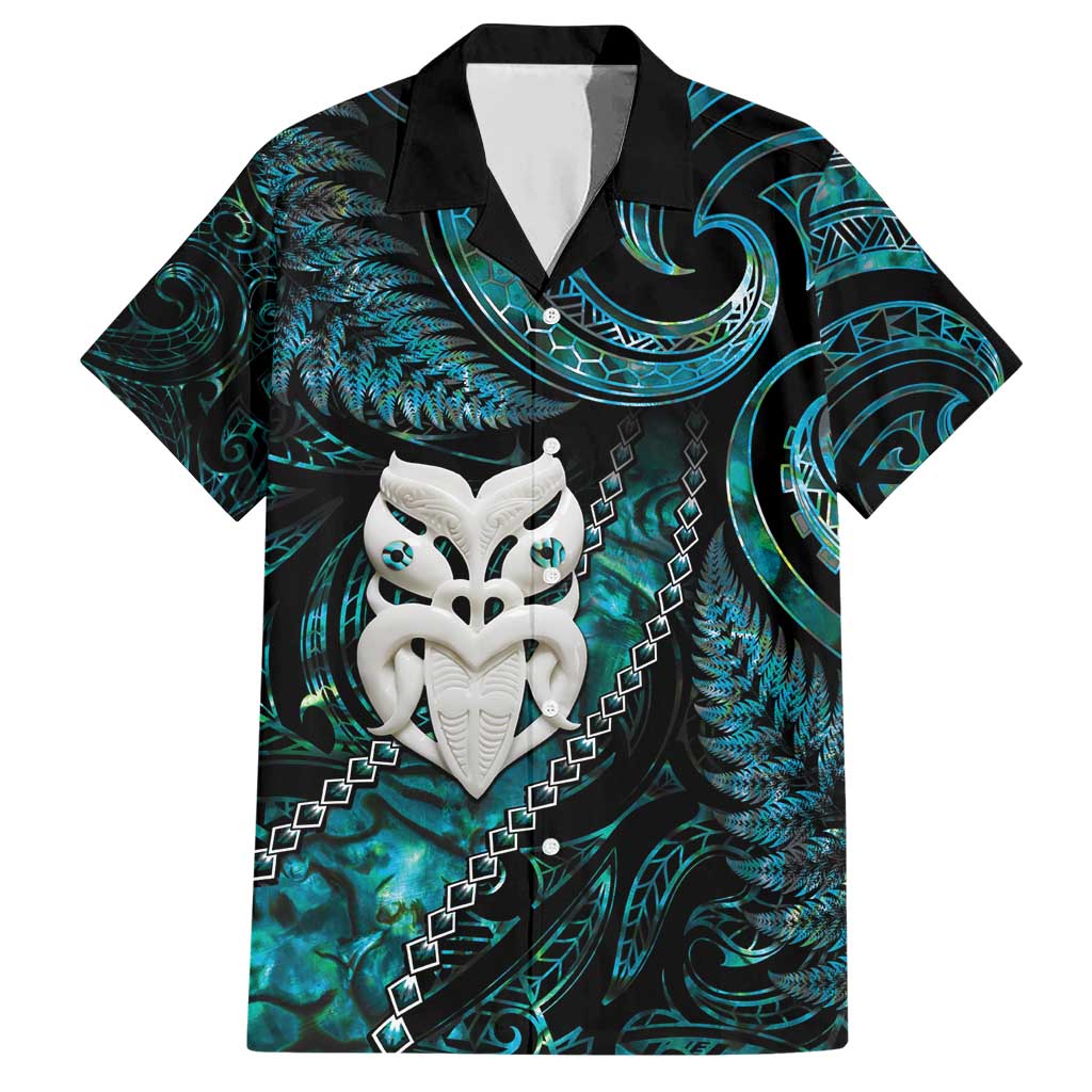 New Zealand Aotearoa Family Matching Short Sleeve Bodycon Dress and Hawaiian Shirt Maori Wheku Paua Shell Glitter Turquoise LT05 Dad's Shirt - Short Sleeve Turquoise - Polynesian Pride