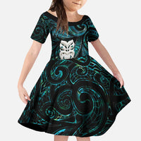 New Zealand Aotearoa Family Matching Summer Maxi Dress and Hawaiian Shirt Maori Wheku Paua Shell Glitter Turquoise LT05 Daughter's Dress Turquoise - Polynesian Pride