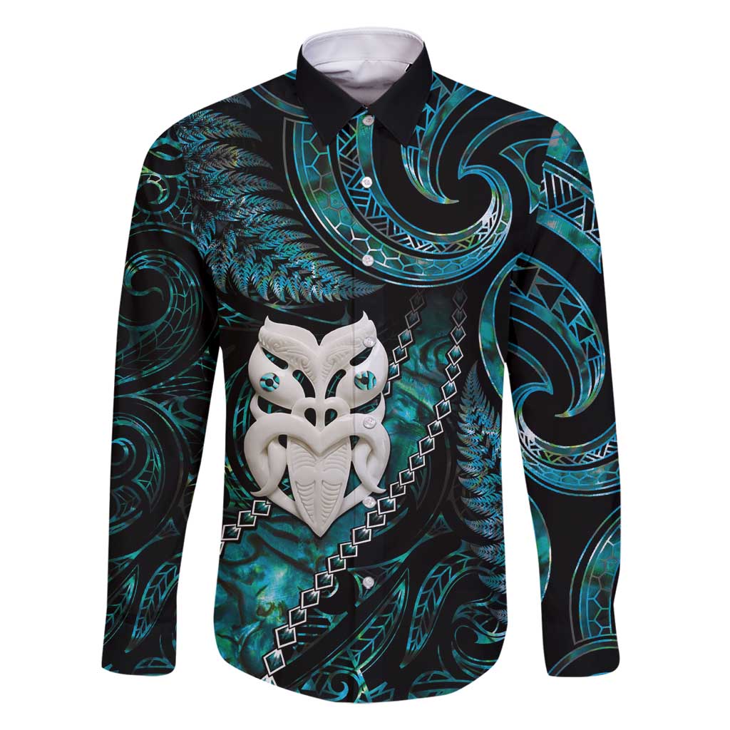 New Zealand Aotearoa Family Matching Summer Maxi Dress and Hawaiian Shirt Maori Wheku Paua Shell Glitter Turquoise LT05 Dad's Shirt - Long Sleeve Turquoise - Polynesian Pride