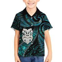 New Zealand Aotearoa Family Matching Summer Maxi Dress and Hawaiian Shirt Maori Wheku Paua Shell Glitter Turquoise LT05 Son's Shirt Turquoise - Polynesian Pride