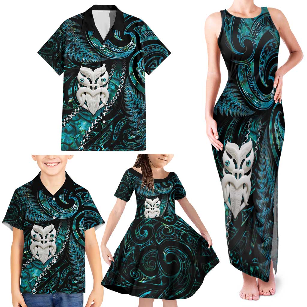 New Zealand Aotearoa Family Matching Tank Maxi Dress and Hawaiian Shirt Maori Wheku Paua Shell Glitter Turquoise LT05 - Polynesian Pride