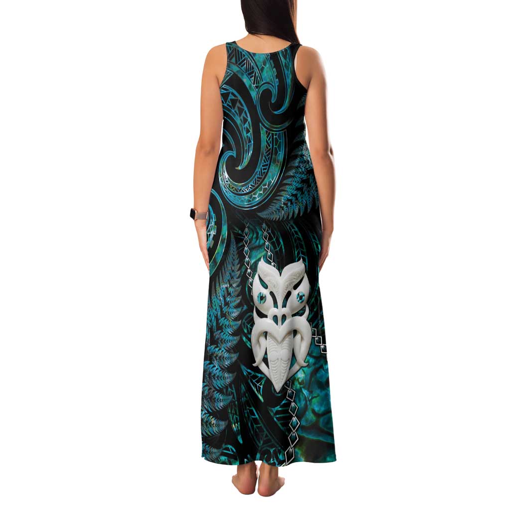 New Zealand Aotearoa Family Matching Tank Maxi Dress and Hawaiian Shirt Maori Wheku Paua Shell Glitter Turquoise LT05 - Polynesian Pride