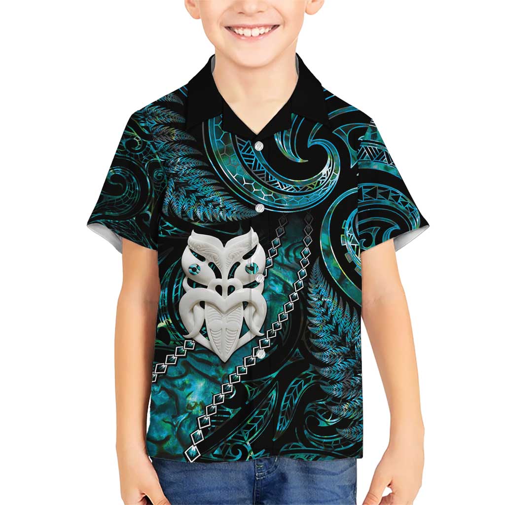 New Zealand Aotearoa Kid Hawaiian Shirt Maori Wheku Paua Shell Glitter Turquoise LT05 Kid Turquoise - Polynesian Pride