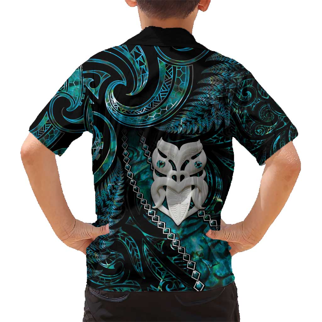 New Zealand Aotearoa Kid Hawaiian Shirt Maori Wheku Paua Shell Glitter Turquoise LT05 - Polynesian Pride