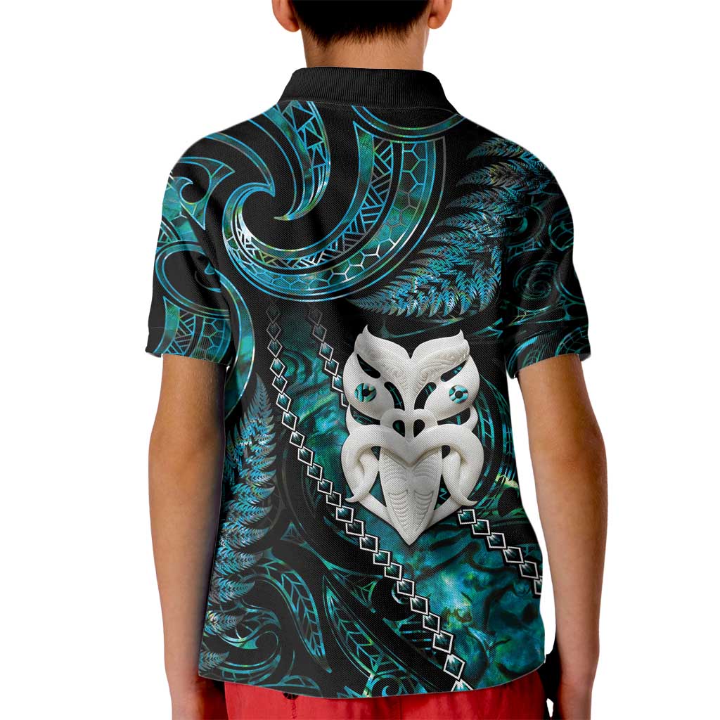New Zealand Aotearoa Kid Polo Shirt Maori Wheku Paua Shell Glitter Turquoise LT05 - Polynesian Pride