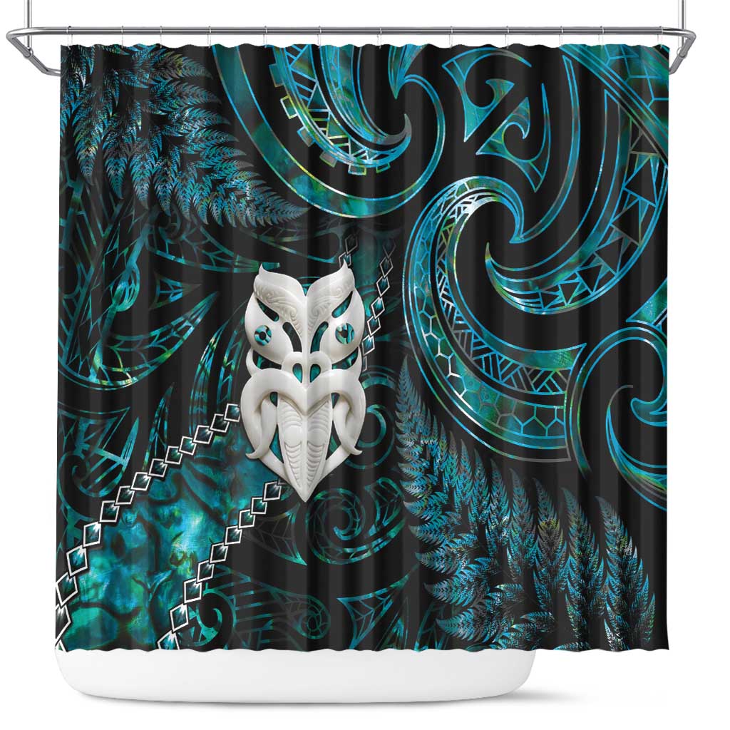 New Zealand Aotearoa Shower Curtain Maori Wheku Paua Shell Glitter Turquoise