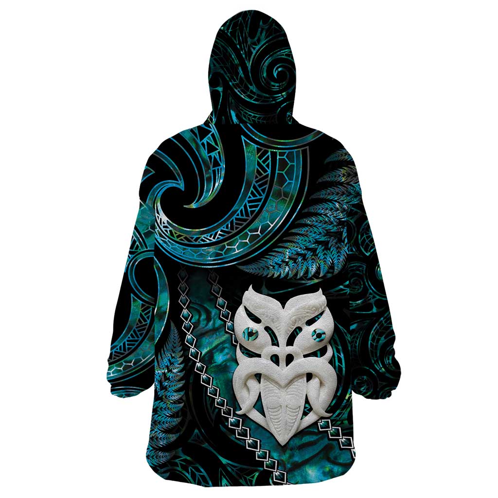New Zealand Aotearoa Wearable Blanket Hoodie Maori Wheku Paua Shell Glitter Turquoise