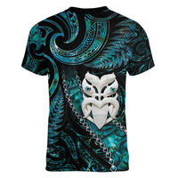 New Zealand Aotearoa Women V-Neck T-Shirt Maori Wheku Paua Shell Glitter Turquoise LT05 - Polynesian Pride