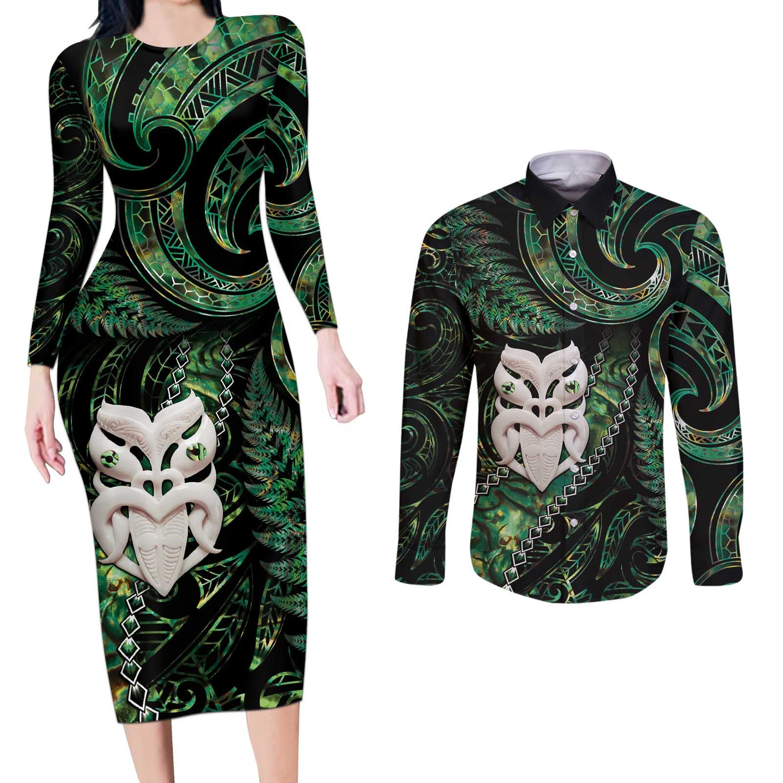 New Zealand Aotearoa Couples Matching Long Sleeve Bodycon Dress and Long Sleeve Button Shirt Maori Wheku Paua Shell Glitter Green LT05 Green - Polynesian Pride