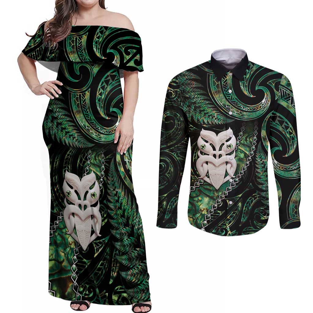 New Zealand Aotearoa Couples Matching Off Shoulder Maxi Dress and Long Sleeve Button Shirt Maori Wheku Paua Shell Glitter Green LT05 Green - Polynesian Pride