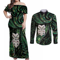 New Zealand Aotearoa Couples Matching Off Shoulder Maxi Dress and Long Sleeve Button Shirt Maori Wheku Paua Shell Glitter Green LT05 Green - Polynesian Pride