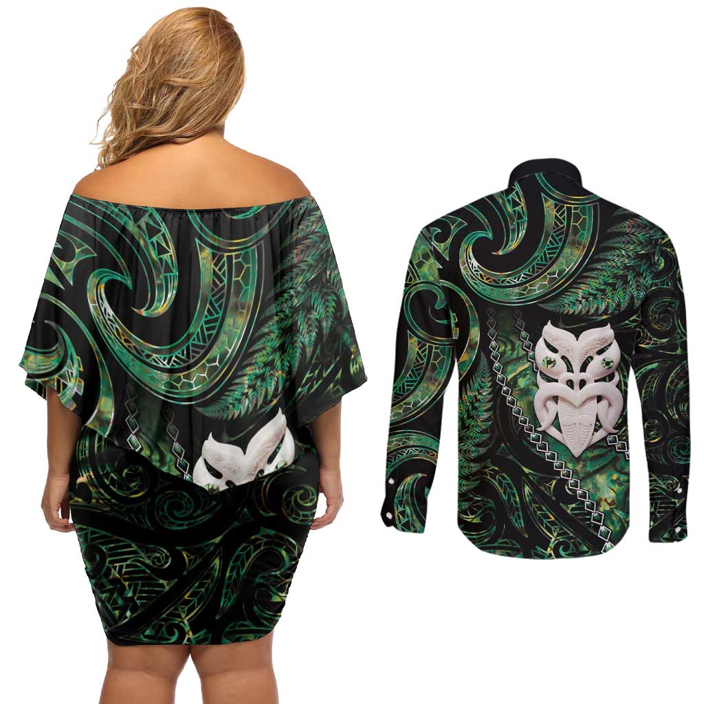 New Zealand Aotearoa Couples Matching Off Shoulder Short Dress and Long Sleeve Button Shirt Maori Wheku Paua Shell Glitter Green LT05 - Polynesian Pride