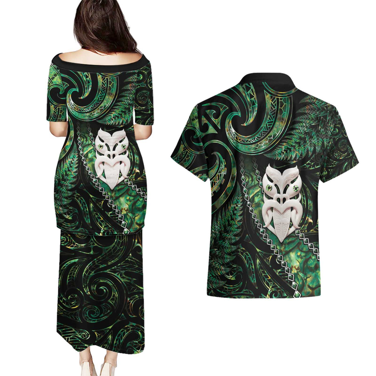 New Zealand Aotearoa Couples Matching Puletasi and Hawaiian Shirt Maori Wheku Paua Shell Glitter Green LT05 - Polynesian Pride
