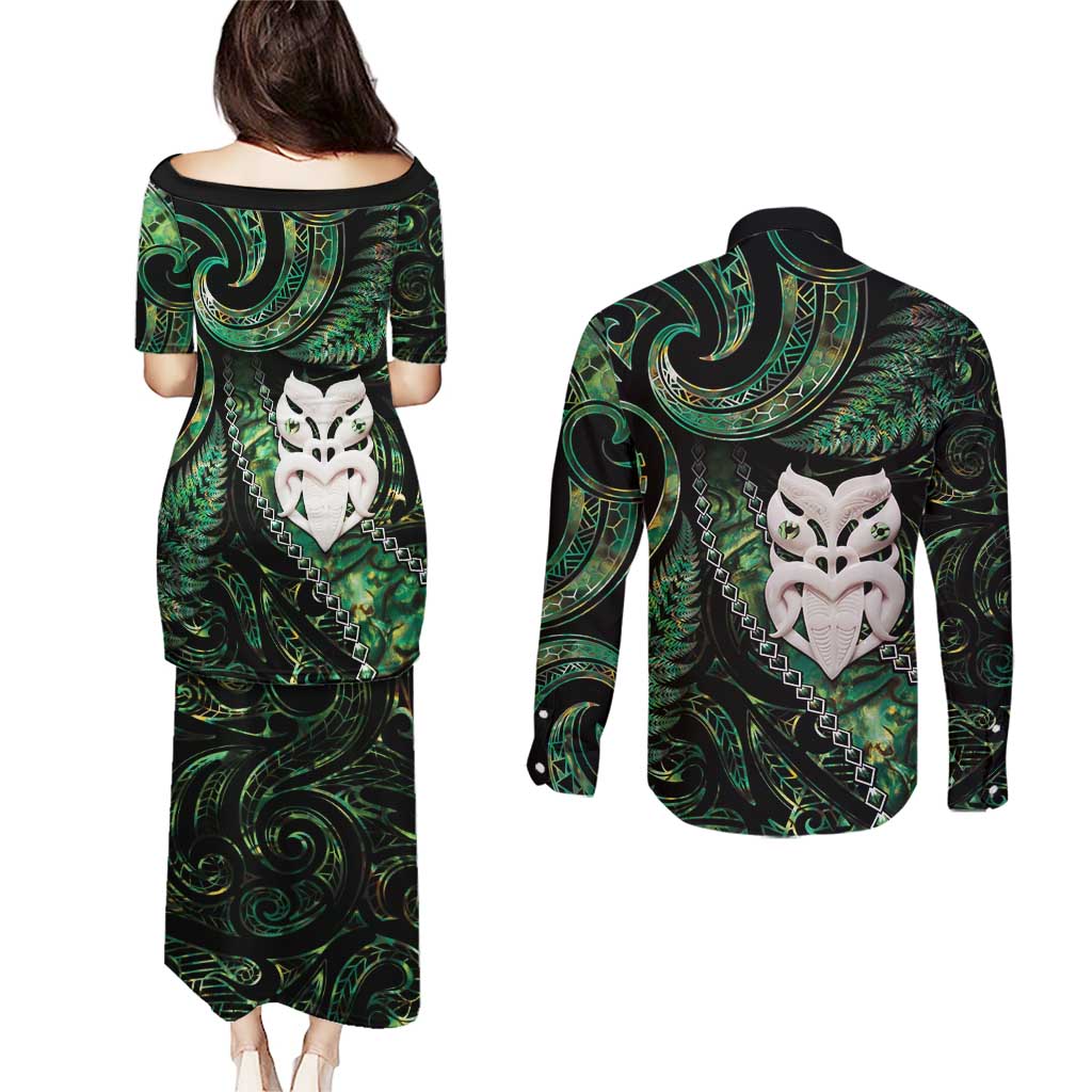 New Zealand Aotearoa Couples Matching Puletasi and Long Sleeve Button Shirt Maori Wheku Paua Shell Glitter Green LT05 - Polynesian Pride