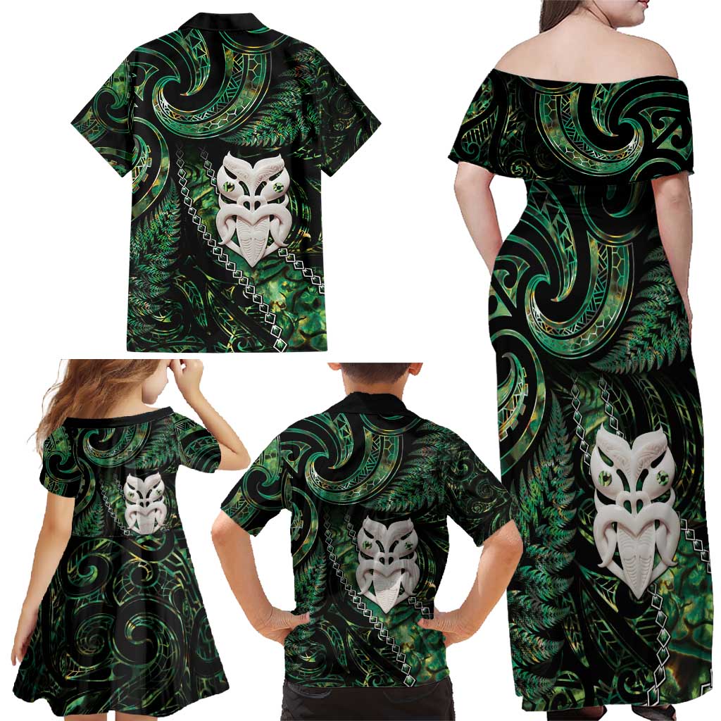 New Zealand Aotearoa Family Matching Off Shoulder Maxi Dress and Hawaiian Shirt Maori Wheku Paua Shell Glitter Green LT05 - Polynesian Pride