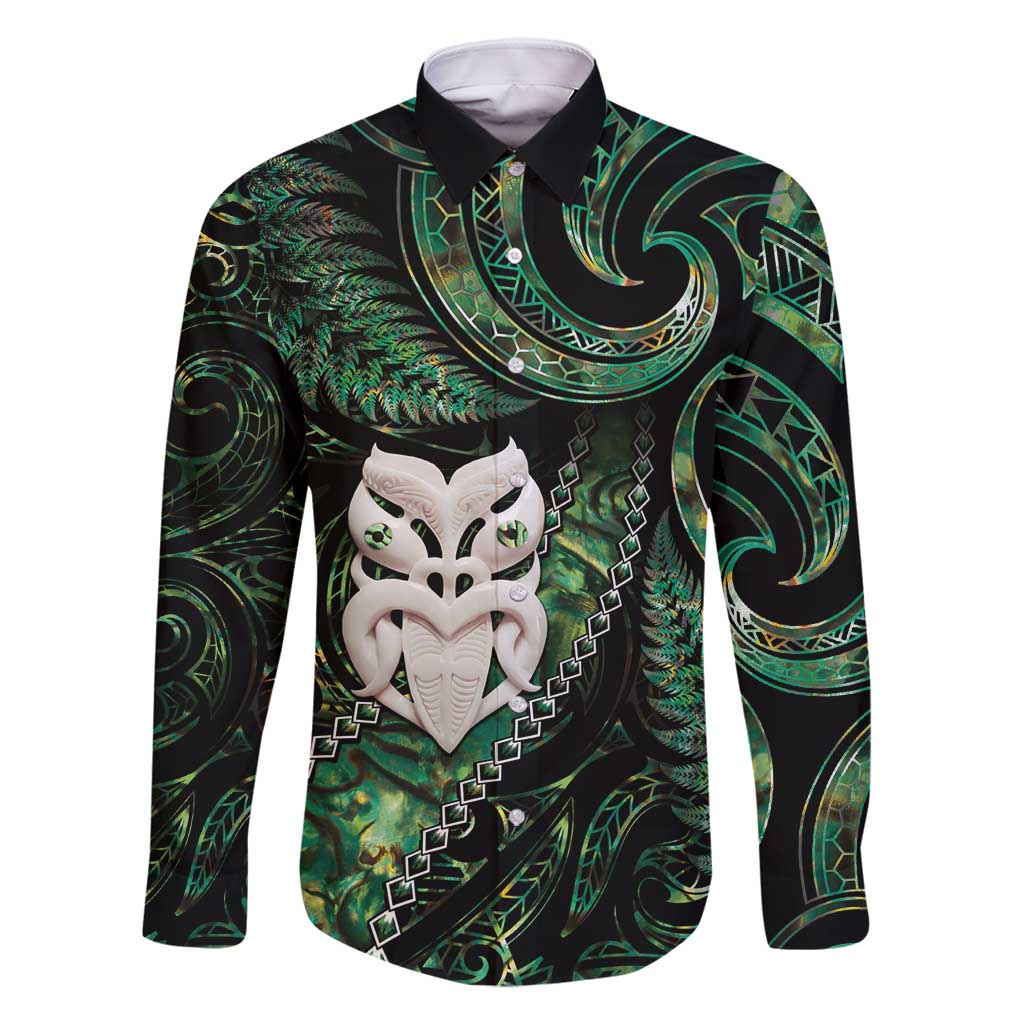 New Zealand Aotearoa Family Matching Off Shoulder Maxi Dress and Hawaiian Shirt Maori Wheku Paua Shell Glitter Green LT05 Dad's Shirt - Long Sleeve Green - Polynesian Pride