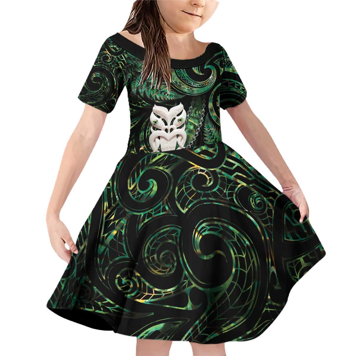 New Zealand Aotearoa Family Matching Off Shoulder Short Dress and Hawaiian Shirt Maori Wheku Paua Shell Glitter Green LT05 Daughter's Dress Green - Polynesian Pride