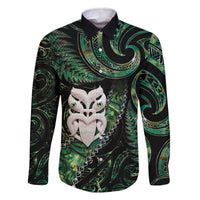 New Zealand Aotearoa Family Matching Off Shoulder Short Dress and Hawaiian Shirt Maori Wheku Paua Shell Glitter Green LT05 Dad's Shirt - Long Sleeve Green - Polynesian Pride