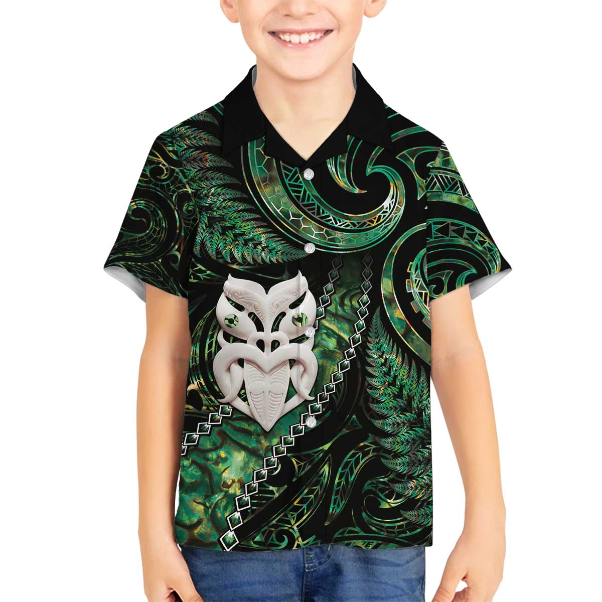 New Zealand Aotearoa Family Matching Off Shoulder Short Dress and Hawaiian Shirt Maori Wheku Paua Shell Glitter Green LT05 Son's Shirt Green - Polynesian Pride