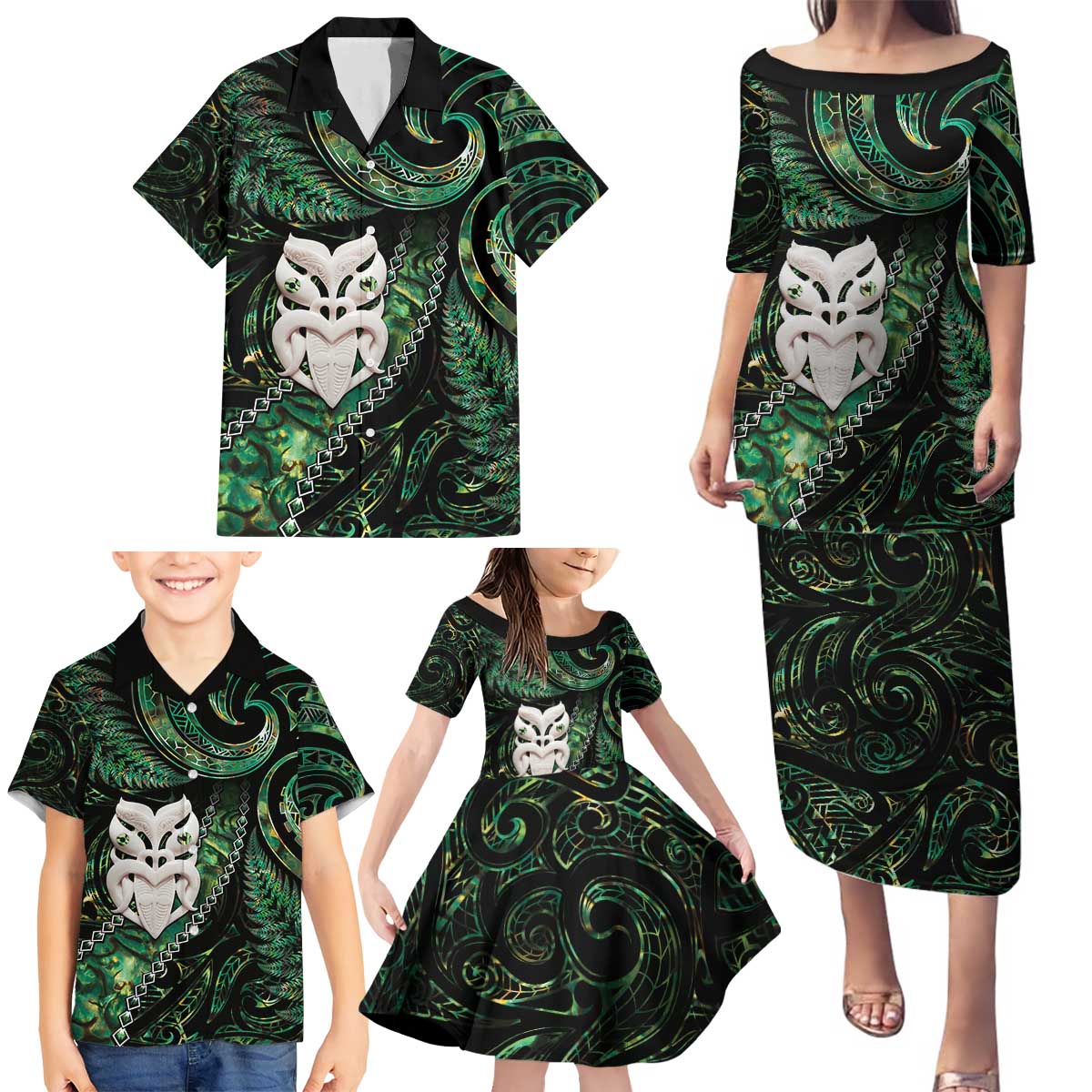 New Zealand Aotearoa Family Matching Puletasi and Hawaiian Shirt Maori Wheku Paua Shell Glitter Green LT05 - Polynesian Pride