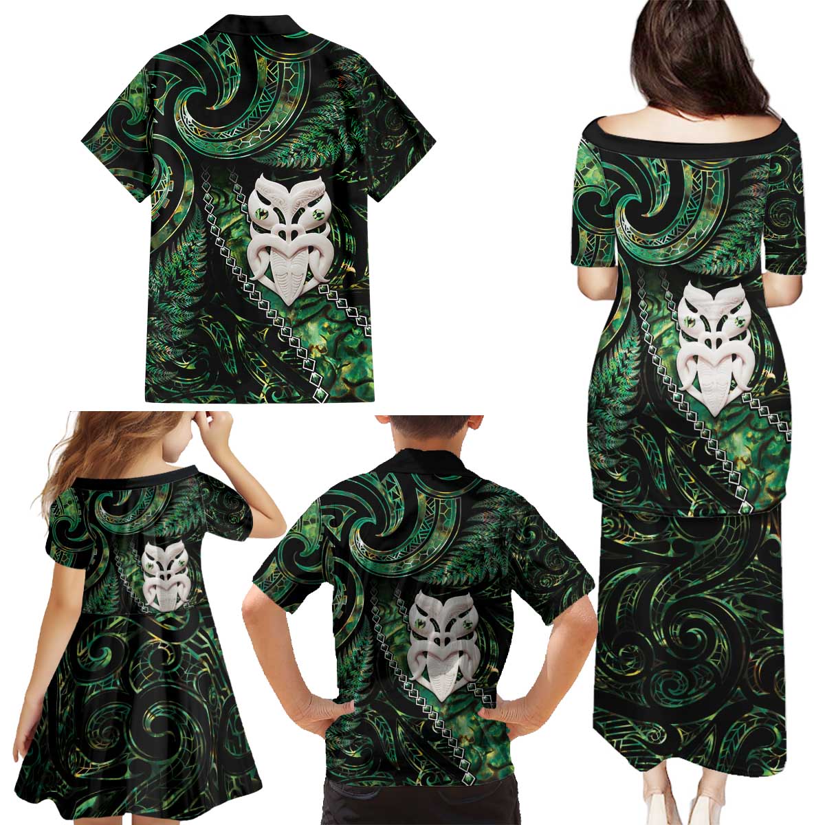 New Zealand Aotearoa Family Matching Puletasi and Hawaiian Shirt Maori Wheku Paua Shell Glitter Green LT05 - Polynesian Pride