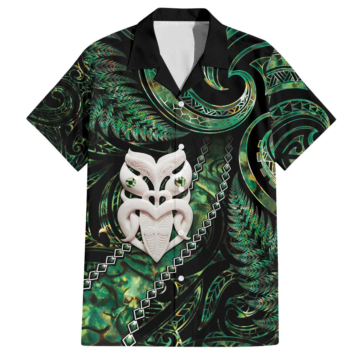 New Zealand Aotearoa Family Matching Puletasi and Hawaiian Shirt Maori Wheku Paua Shell Glitter Green LT05 Dad's Shirt - Short Sleeve Green - Polynesian Pride