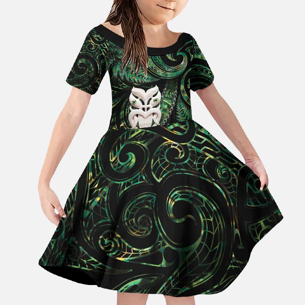 New Zealand Aotearoa Family Matching Summer Maxi Dress and Hawaiian Shirt Maori Wheku Paua Shell Glitter Green LT05 Daughter's Dress Green - Polynesian Pride